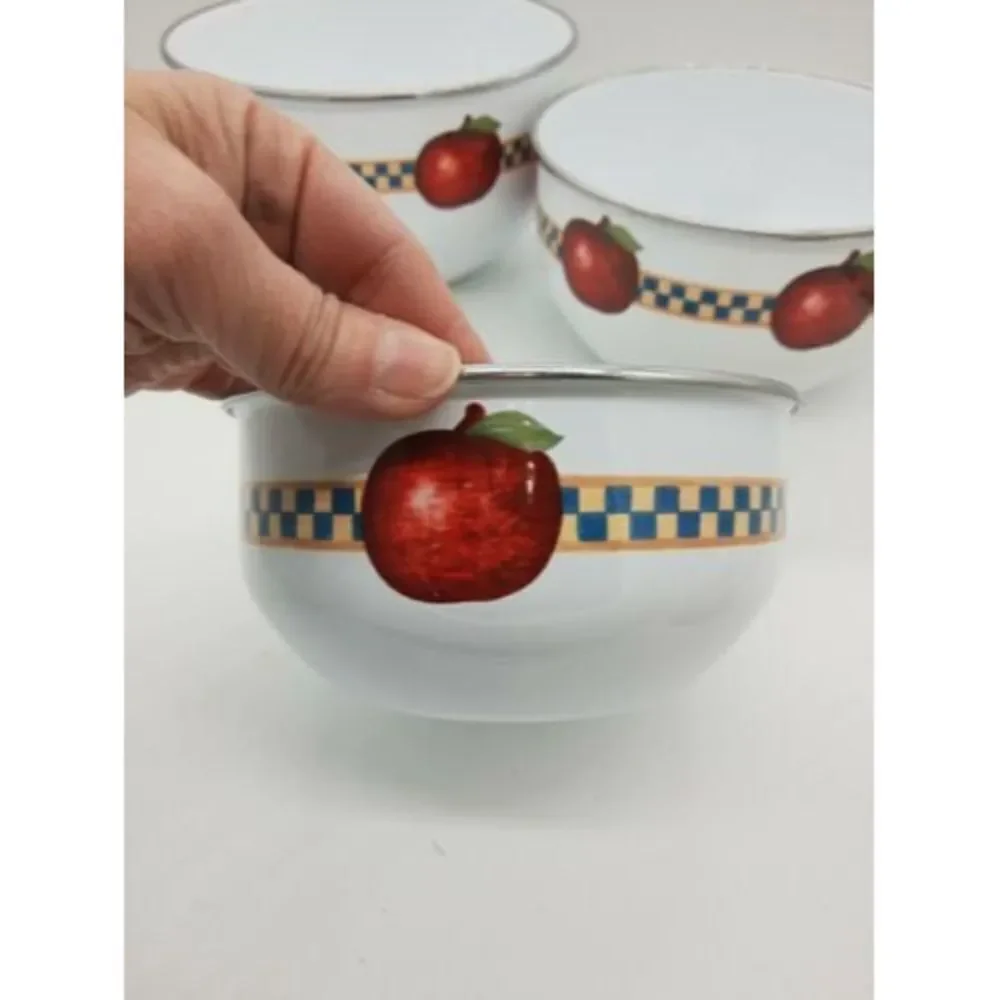 Set of 3 Retro Enamel Metal Nesting Bowls - Fruit Apples Checkered 🍎🍏